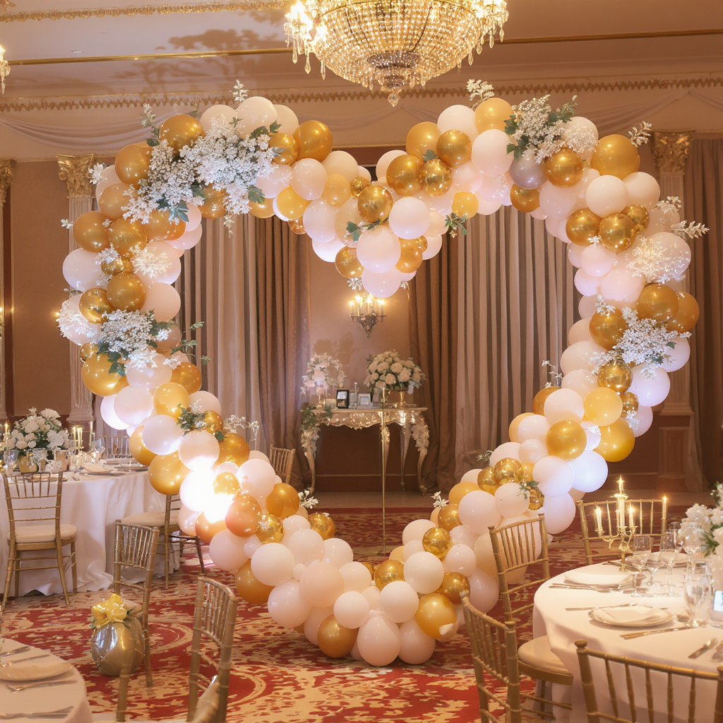 Decoração de festa com arco em forma de coração