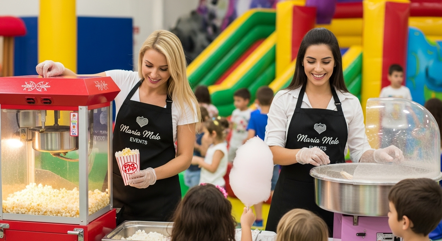 Máquinas de pipoca e algodão doce num evento infantil