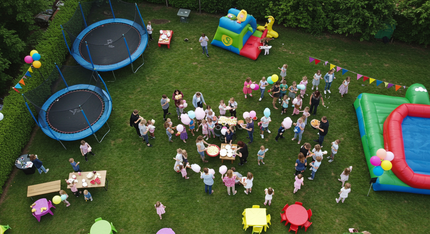 Festa infantil ao ar livre com trampolins e insufláveis