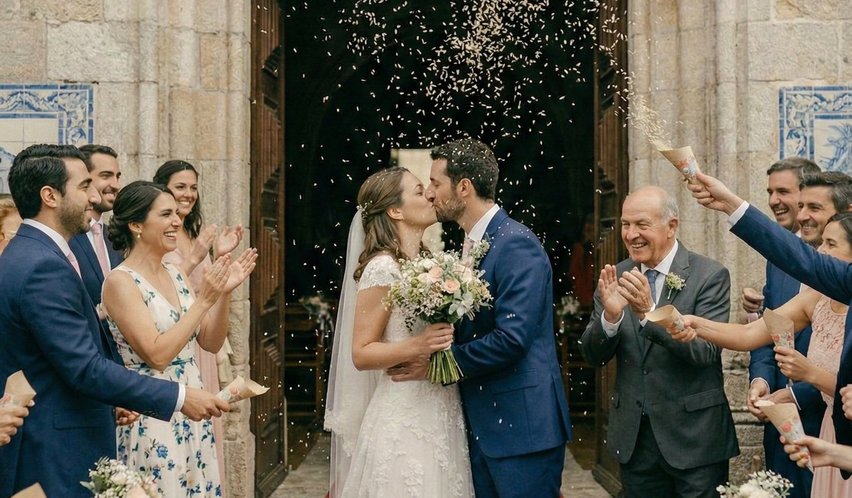 Celebração de casamento à saída da igreja